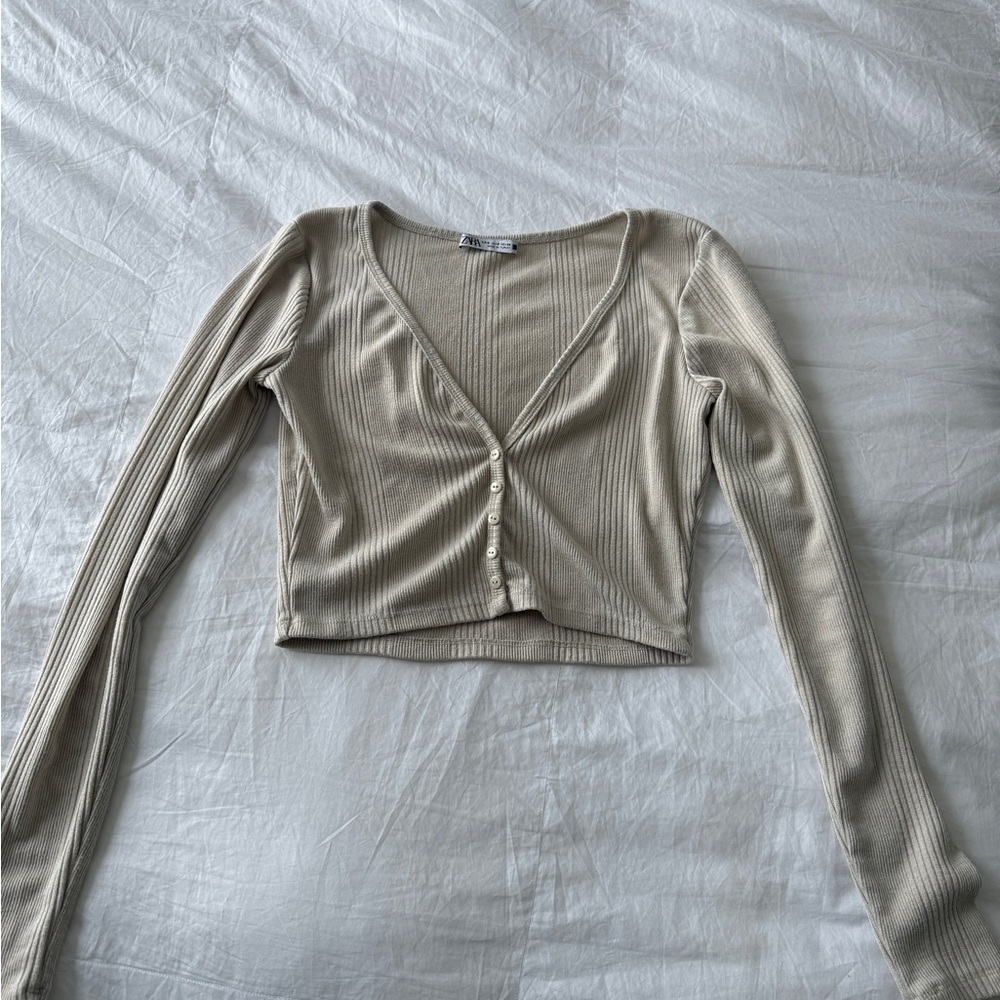 Zara Ribbed V-Neck Button-Front Long Sleeve Top - Cream
